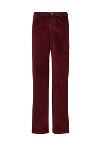 Bordeaux ribfluwelen broek met een recht model, voorzien van een knoopsluiting en voorzakken. Zachte textuur met zichtbare ribbels.