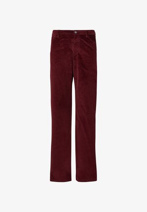 Bordeauxfarbene Cordhosen mit geradem Bein Design, mit einem Knopfverschluss und Vordertaschen. Weicher Stoff mit sichtbarem Rippmuster.