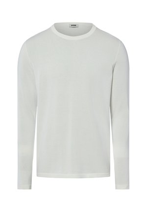 Plain white long-sleeve crew neck shirt with a slim fit and a small brand label inside the neckline.