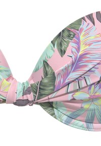 Roze bikini-top met een tropisch blad- en bloemenprint. Heeft een geknoopt middenstuk en een gladde, rekbare stof. Rond van vorm met gedefinieerde randen.