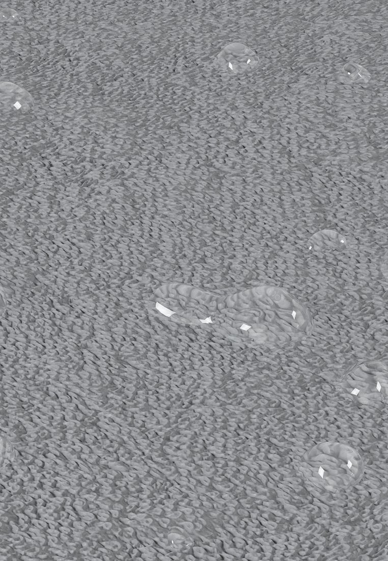 Texturiert grauer Stoff mit einem gestrickten Muster, auf dessen Oberfläche kleine Wassertropfen sind, die das Licht reflektieren.