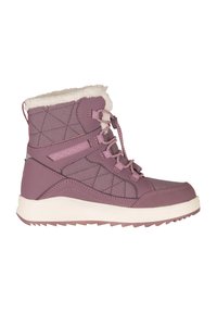 Purple lace-up winter boot with a quilted design, faux fur cuff, and textured rubber sole. Features a slightly elevated white platform.