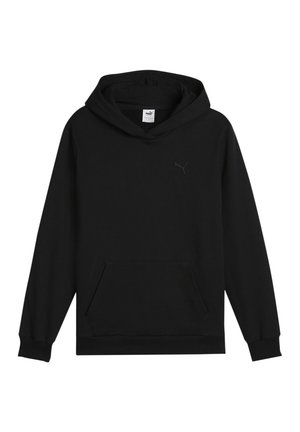 Zwarte hoodie gemaakt van zachte stof, met een ruime voormouwzak, een capuchon met trekkoord en een subtiel logo op de borst.