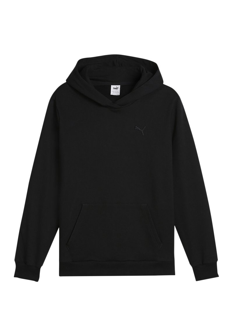 Zwarte hoodie gemaakt van zachte stof, met een ruime voormouwzak, een capuchon met trekkoord en een subtiel logo op de borst.