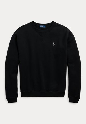 Svart crewneck sweatshirt med lange ermer, ribbestrikkede mansjetter og kant, med en liten hvit Polo Ralph Lauren-logo på brystet.