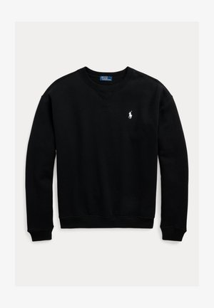 Black crewneck sweatshirt with long sleeves, ribbed cuffs and hem, featuring a small white Polo Ralph Lauren logo on the chest.