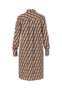 Langärmliges Hemdblusenkleid aus gemustertem Stoff mit Rechtecken in Blau, Orange, Braun und Weiß. Gerader Schnitt mit einem Rückeneinsatz.