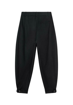 Pantaloni neri realizzati in tessuto morbido, con vita alta, gambe affusolate, tasche laterali e fibbie regolabili ai polsini.