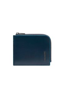 Portafoglio in pelle blu navy con una texture liscia, chiusura con zip e design minimalista. Presenta un logo impresso sulla parte anteriore.