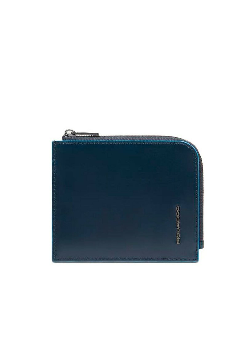 Portafoglio in pelle blu navy con una texture liscia, chiusura con zip e design minimalista. Presenta un logo impresso sulla parte anteriore.