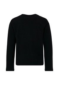 Czarny długi rękaw, bluzka z okrągłym dekoltem o gładkiej fakturze, prosta linia dołu i minimalne detale szwów na rękawach.