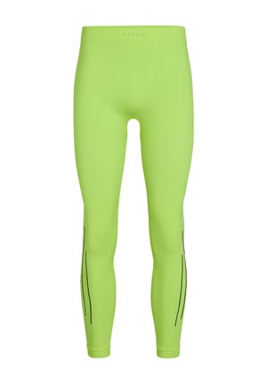 Lysegrønne hel-lange leggings med sorte lodrette sømme nær læggene og "FALKE"-logo ved taljen.