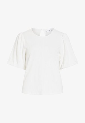 Bijela bluza od teksturiranog materijala, okrugli izrez, kratki nabranih rukava i mali gumb s otvaranjem na leđima.
