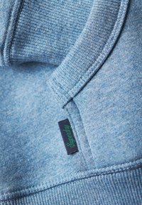 Lyseblå sweatshirt med en blød tekstur, ribbede manchetter og et mærke med "SuperDry" i grønt på en mørk baggrund.