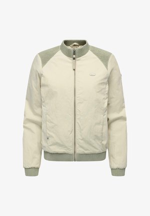 Beżowa kurtka bomberka z prążkowanym kołnierzem, mankietami, wstawkami na ramionach i dolnym paskiem w stonowanym zielonym kolorze, z przednim zamkiem błyskawicznym i małą naszywką z logo.