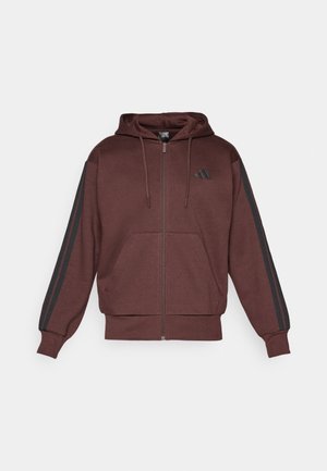 Hooded zip-up sweatshirt in donker burgundy, met zwarte gestreepte accenten op de mouwen, voorzakken en elastische manchetten. Zachte stoftextuur.