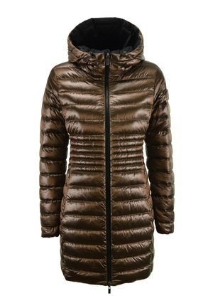 Giacca imbottita lunga marrone con cappuccio e zip frontale, con cuciture orizzontali e design aderente in vita.