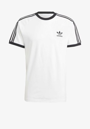 White cotton t-shirt featuring a black ribbed crew neck and three black stripes on each shoulder. Small black "adidas" logo on the chest.