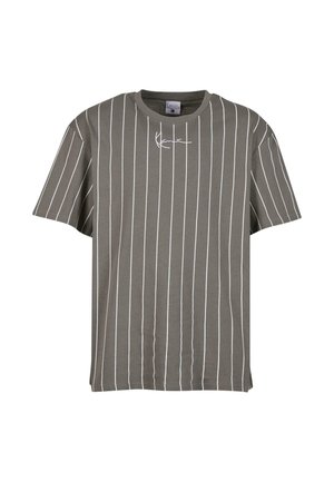 T-shirt gris à manches courtes avec des rayures verticales blanches et un logo subtil sur le devant. Fabriqué en matériau en coton doux.
