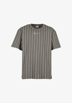 Gray short-sleeve T-shirt with white vertical stripes and a subtle logo on the front. Made from soft cotton material.