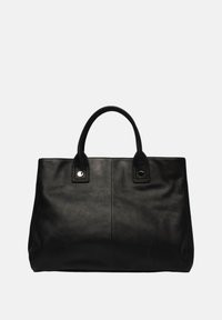 Zwarte leren totebag met twee stevige handvatten, rechthoekige vorm en zichtbare stiksels. Bevat twee metalen accenten nabij de handvatten.