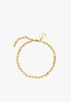 Goldene Kettenarmband mit kreisförmigen Gliedern und eingebetteten klaren Kristallen, gesichert mit einem Verschluss und einem verstellbaren Kettendetail.