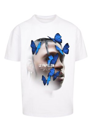 White cotton t-shirt featuring a graphic print of a face surrounded by blue butterflies, with "LE PAPILLON" text centered below.