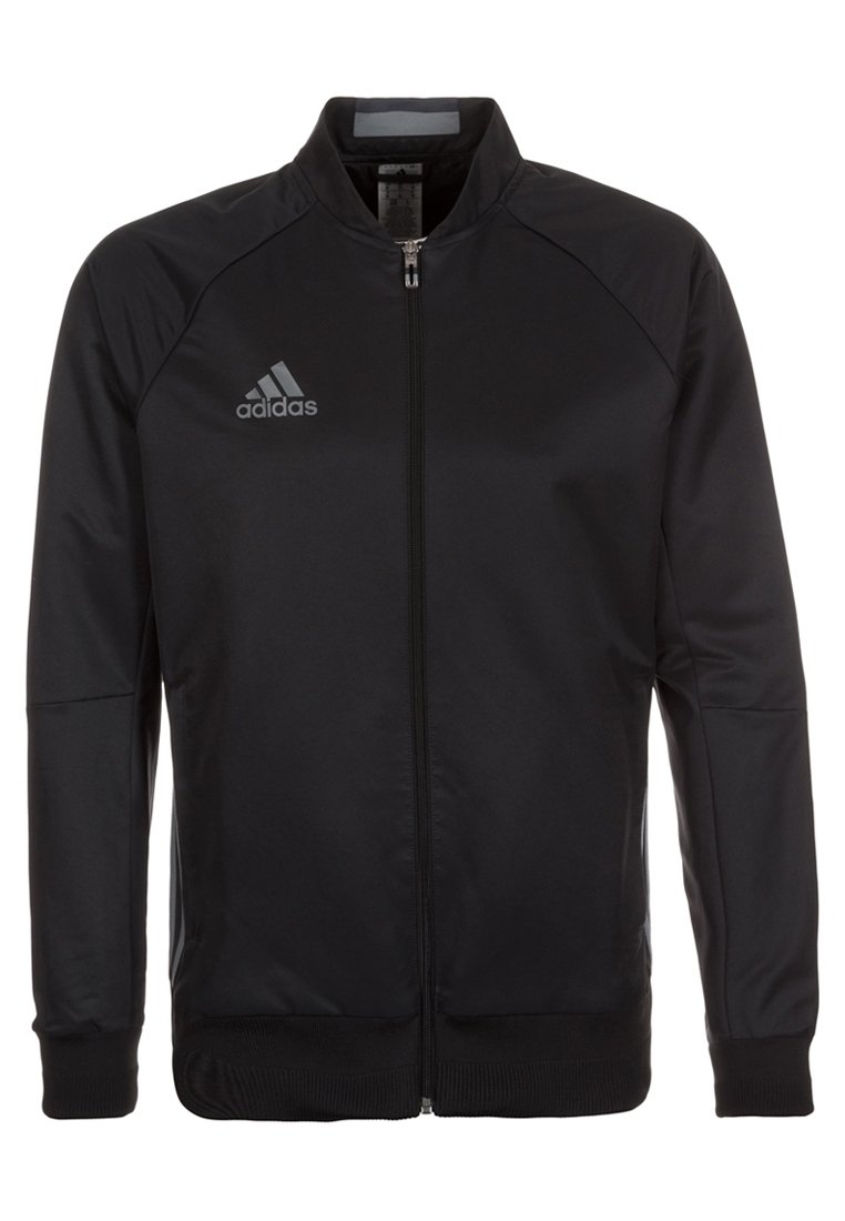 Sort zip-jakke med ståkrave, raglanærmer, glat tekstur og et gråt Adidas-logo på venstre bryst.