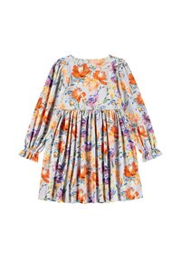 Blommig klänning med långa ärmar, samlad midja och en ljusgrå bakgrund prydd med livfulla orange, lila och gula blommor.