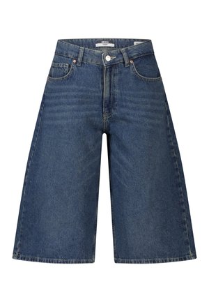 Wijde, knielange blauwe denimshorts met knoop- en ritssluiting, zakken aan de voorkant, riemlussen en subtiel wasdetail.