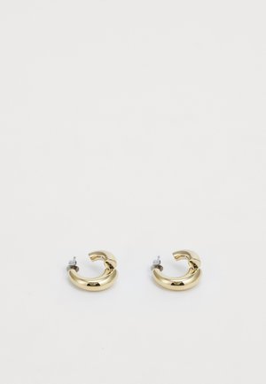 Guld hoops øreringe med en poleret overflade og buet form. Udstyret med en sølv hardware-spænde til sikring. Velegnet til hverdagsbrug.