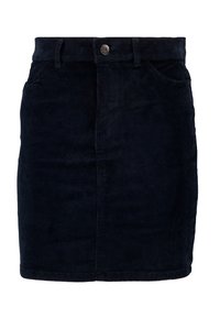 Mörkblå kordkjol med en figursydd design, framknäppning och klassisk femfickestil för extra funktionalitet.