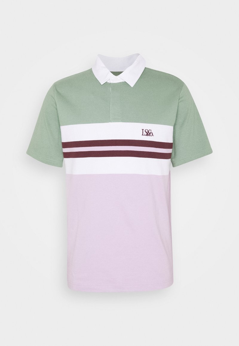 Koszulka polo w miętowym górnym odcinku, z białym poziomym paskiem i jasnoliliowym dolnym section; posiada biały kołnierzyk i haftowany detal logo.