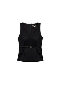 Sort ærmeløs top med V-udskæring, peplum-design og en indsnævret talje fremhævet af et tyndt bælte. Har to frontlommer.