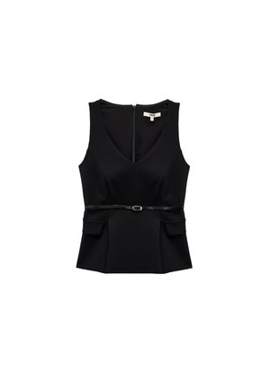 Schwarzes ärmelloses Top mit V-Ausschnitt, Peplum-Design und taillierter Taille, betont durch einen dünnen Gürtel. Verfügt über zwei Fronttaschen.
