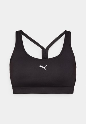 Sutien sport negru cu decolteu rotund și design cu spate crisscross. Prezintă un mic logo alb Puma în față. Material neted și elastic.