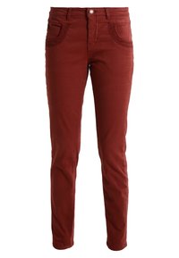 Red slim-fit pants, made from cotton blend, featuring a smooth texture, decorative stitching on pockets, and a front button closure.