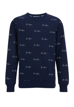 Marineblå langærmet sweatshirt med hvidt "Bad Boys"-skrifttryk gentaget flere gange samt ribstrikkede manchetter og kant.