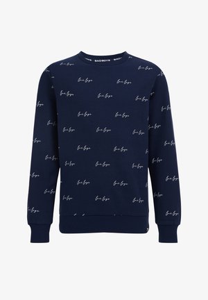 Sweat-shirt à manches longues bleu marine avec le texte "Bad Boys" imprimé en blanc de manière répétée, et avec des poignets et un ourlet côtelés.