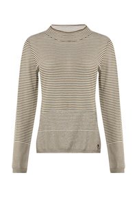 Gestreepte trui met een hoge hals, lange mouwen en een zachte, gestructureerde stof in beige en lichtbruine tinten.