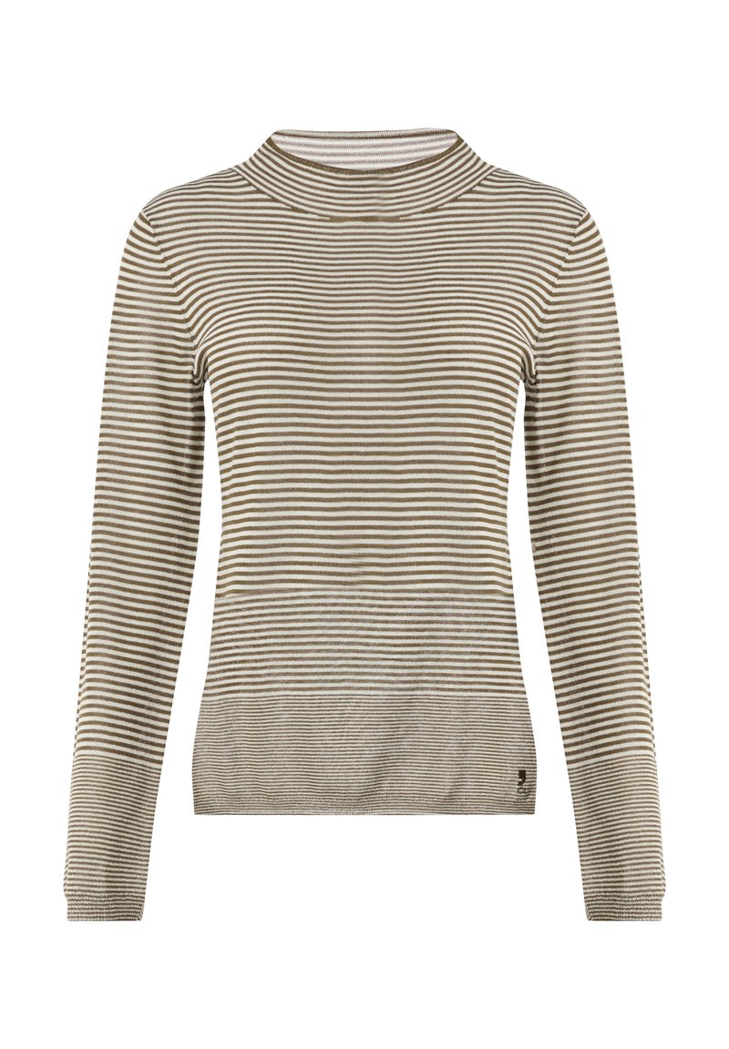 Gestreifter Pullover mit hoher Halslinie, langen Ärmeln und einem weichen, strukturierten Stoff in Beige- und Hellbraun-Tönen.