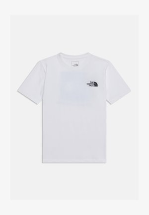 T-shirt bianca a maniche corte con un piccolo logo nero "The North Face" sul lato sinistro del petto.