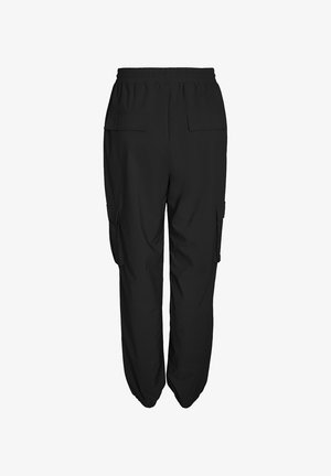 Schwarze Cargo-Hosen mit einer lockeren Passform, ausgestattet mit einem elastischen Bund, zwei seitlichen Taschen und zwei Gesäßtaschen. Leichter Stoff, glatte Textur.