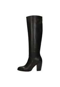 Czarne skórzane botki sięgające kolan o gładkiej fakturze, zaokrąglonym nosku i grubym, wysokim obcasie, charakteryzujące się prostym, minimalistycznym wzornictwem.