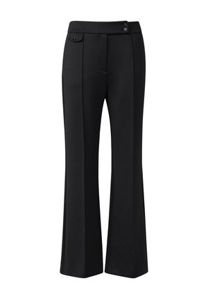 Pantalon noir à jambes larges en tissu lisse, avec deux poches avant et deux boutons décoratifs à la taille. Design ajusté avec un pli sur le devant.