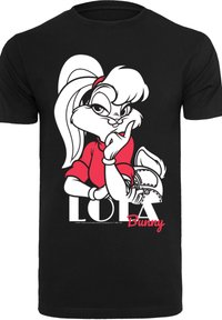 Black cotton T-shirt featuring a cartoon rabbit with long ears, red accents, and the text "LOLA Bunny" in white and red.