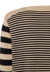 Beige und schwarzer gestreifter Strickstoff mit horizontalen dünnen Streifen am Hauptteil und breiten Streifen im Ärmelbereich.