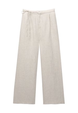 Lichtbeige linnen wijde broek met een hoge taille, plooien en een verstelbaar koord. De gladde textuur en strakke lijnen verbeteren het ontwerp.