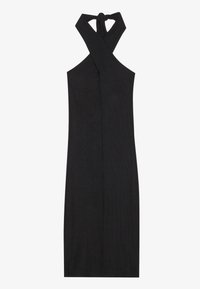 Černé halterneck šaty s křížovým výstřihem a zavazováním. Vyrobeno z ribbed materiálu, mají trendy siluetu a délku ke kolenům.