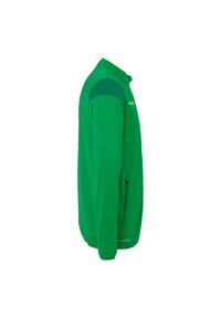 Green athletic jacket, made of smooth material. Features a stand-up collar, a contrasting dark green shoulder section, and side pockets.